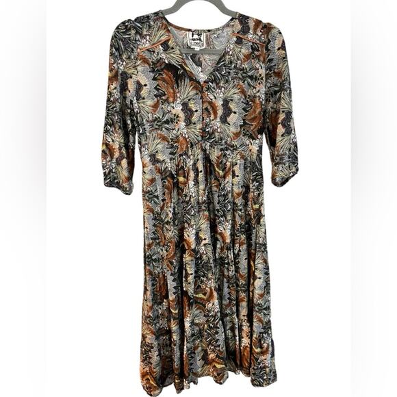 Anthropologie Jaase Feather Print Midi Dress Small Boho Coastal Cowgirl - Picture 1 of 10